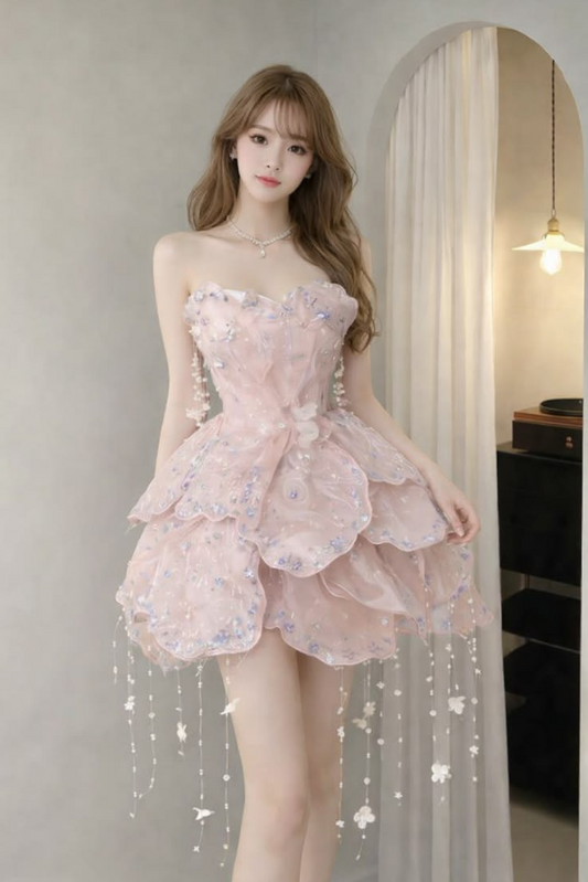 Princess Style Blush Pink Tassel A-line Strapless Irregular Hem Corset Mini Birthday Dress Homecoming Dress RS488