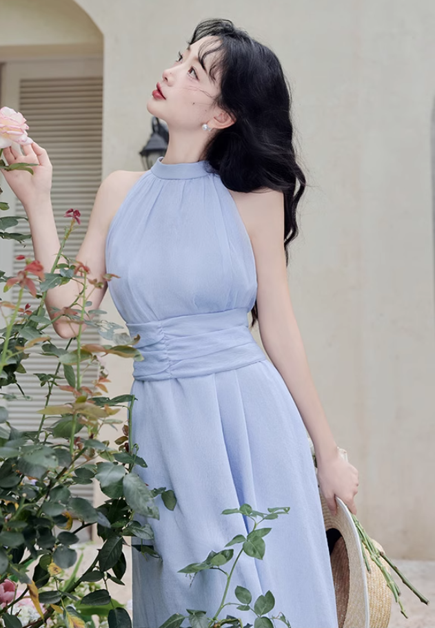 French blue halter neck dress new style holiday style waist beautiful fairy dress R2402