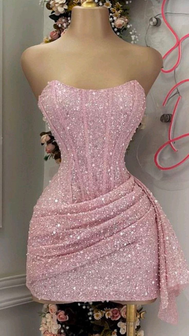 Pink sequined tube top waist slimming A-line princess skirt homecoming dress R3369