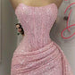 Pink sequined tube top waist hip irregular skirt sexy short skirt homecoming dress R4099