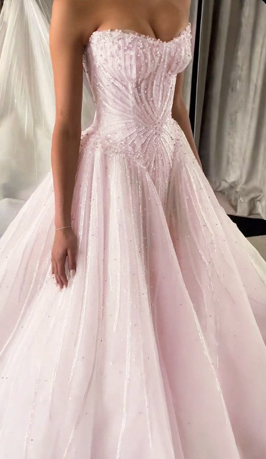 Sweet Blush Pink Beaded A-line Strapless Corset Maxi Birthday Dress Evening Dress RS486