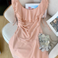 French ruffled large U-neck dress for women new style pleated gentle style short A-line skirt R4032