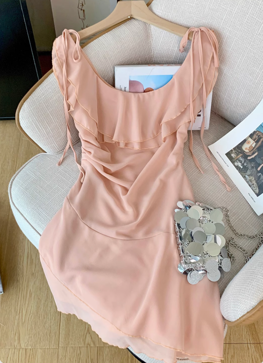 French ruffled large U-neck dress for women new style pleated gentle style short A-line skirt R4032