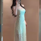 Gentle mint green jacquard suspender dress beautiful atmosphere small skirt R0806