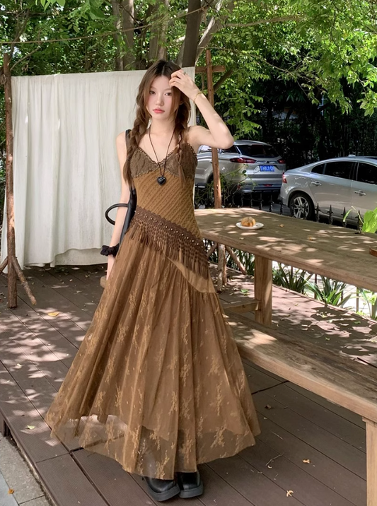 Fairy travel outfit retro ethnic style suspender long skirt v-neck dress R1741