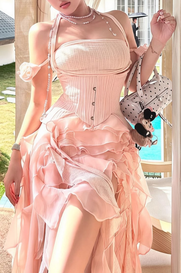 Sweet Blush Pink Ruffled A-line Halter Irregular Hem Corset Mini Party Dress Homecoming Dress RS489