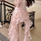 Sweet Blush Pink Ruffled A-line Halter Irregular Hem Corset Mini Party Dress Homecoming Dress RS489