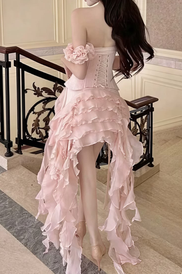 Sweet Blush Pink Ruffled A-line Halter Irregular Hem Corset Mini Party Dress Homecoming Dress RS489