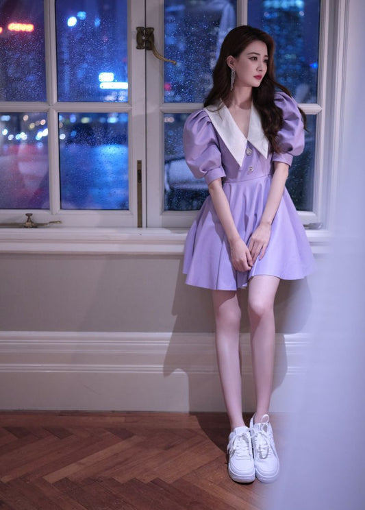 Purple Puff Sleeve Short Skirt V-Neck Waist Slim Short Skirt Homecoming Dress R3509