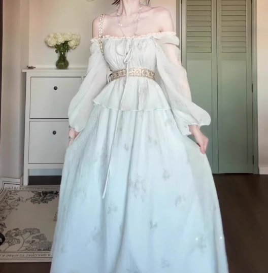 Gentle temperament blue one-shoulder dress beautiful waist A-line long skirt R0666