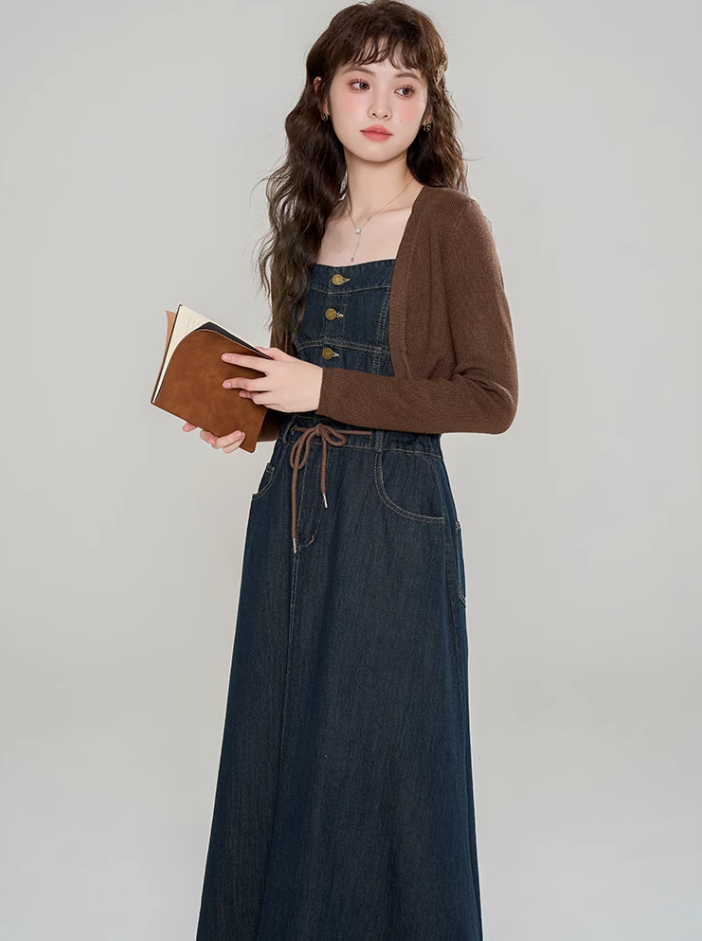 Knitted cardigan with denim suspender dress new high-end suit skirt two-piece set R2400