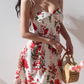 European and American style casual big red flower print suspender dress short skirt R2823