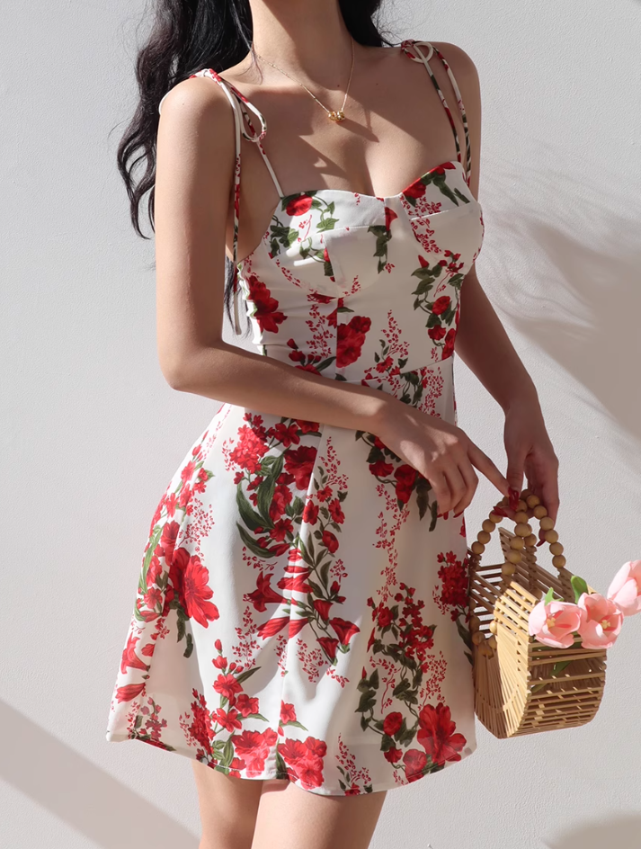 European and American style casual big red flower print suspender dress short skirt R2823