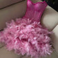 Barbie pink tube top waist sequins slim feather skirt short skirt homecoming dress R3408
