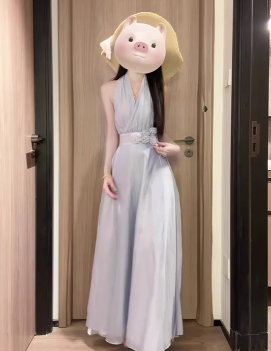 Holiday style blue v-neck halter dress unique and beautiful waist temperament long dress 2025 new R0454