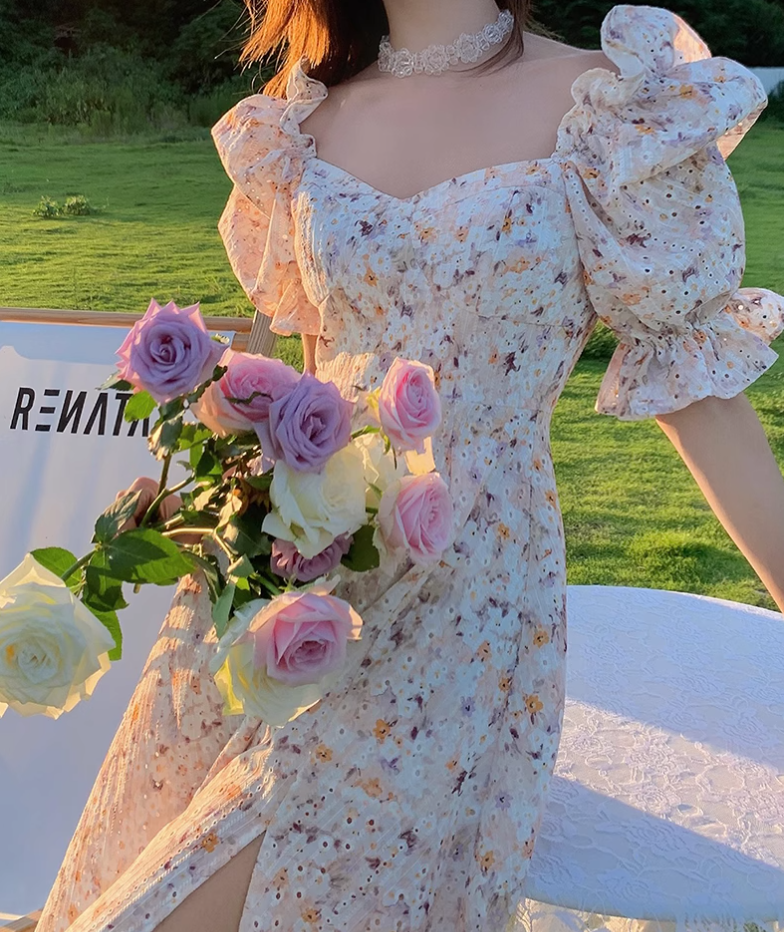 Camellia encounter floral dress holiday style French long skirt R2706