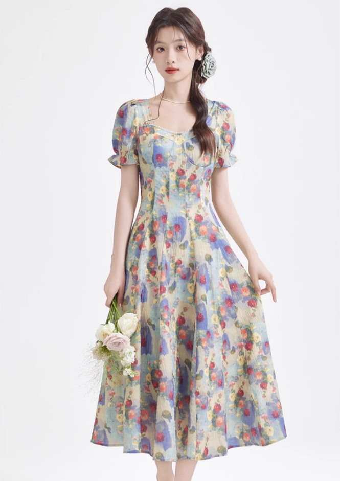 Tea break French retro oil painting dress new beach dress holiday super fairy dress R2389