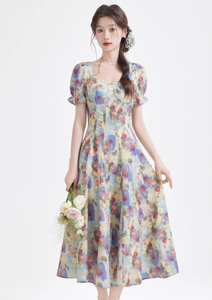 Tea break French retro oil painting dress new beach dress holiday super fairy dress R2389
