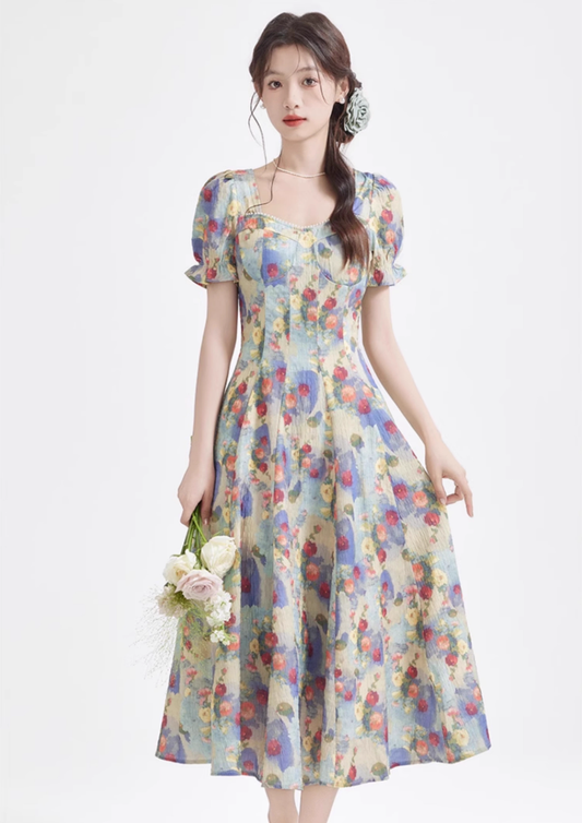 Tea break French retro oil painting dress new beach dress holiday super fairy dress R2389