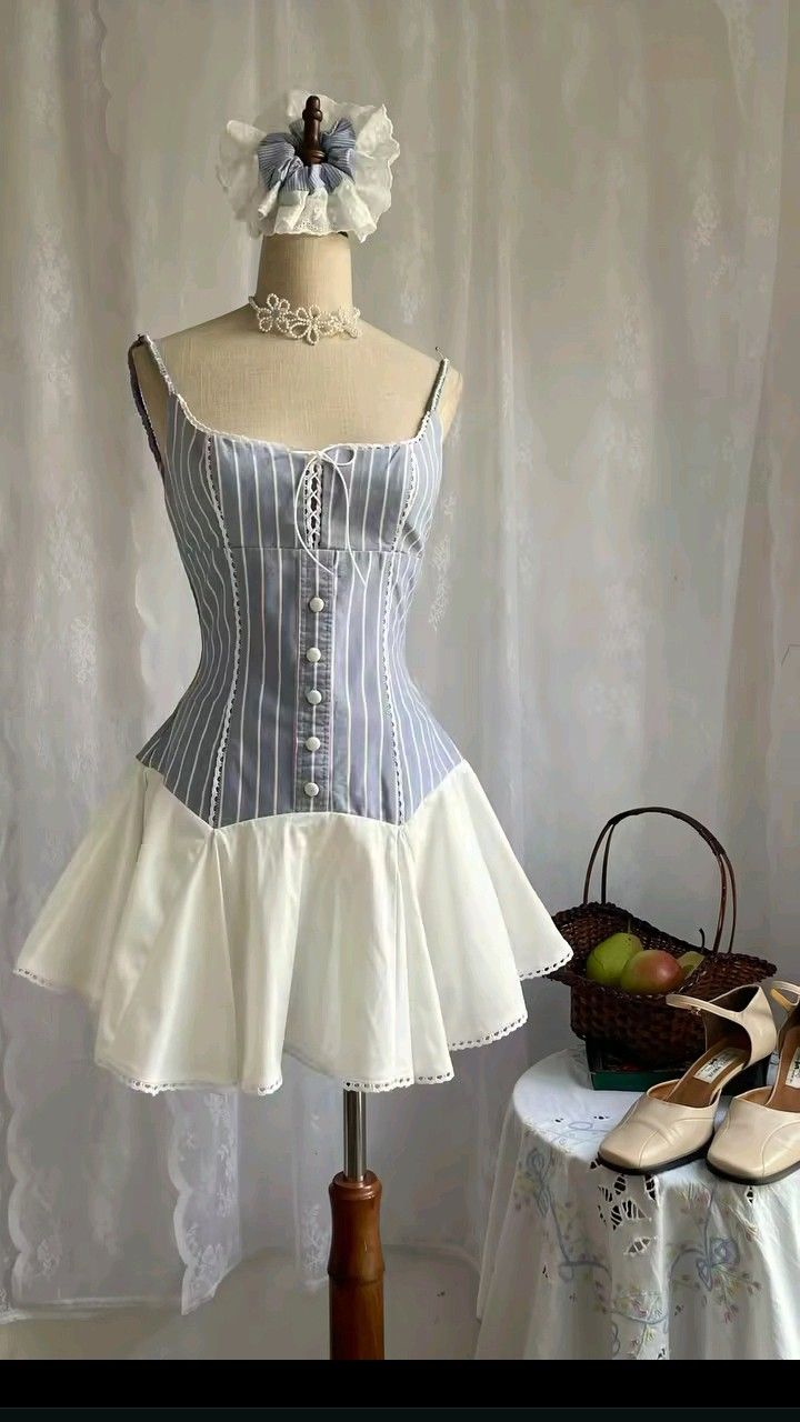 Blue striped suspender slimming and fresh A-line skirt homecoming dress R2527