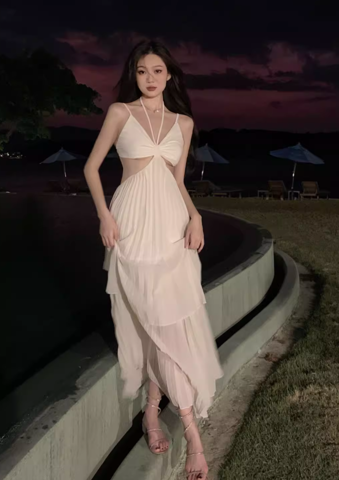 Travel photography clothes super fairy beach dress suspenders sexy backless dress R1575