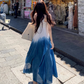 Fairy ruffle blue tie-dye color matching long skirt travel wear suspender dress R1712