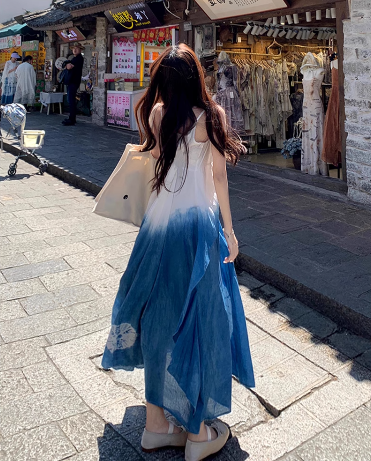 Fairy ruffle blue tie-dye color matching long skirt travel wear suspender dress R1712