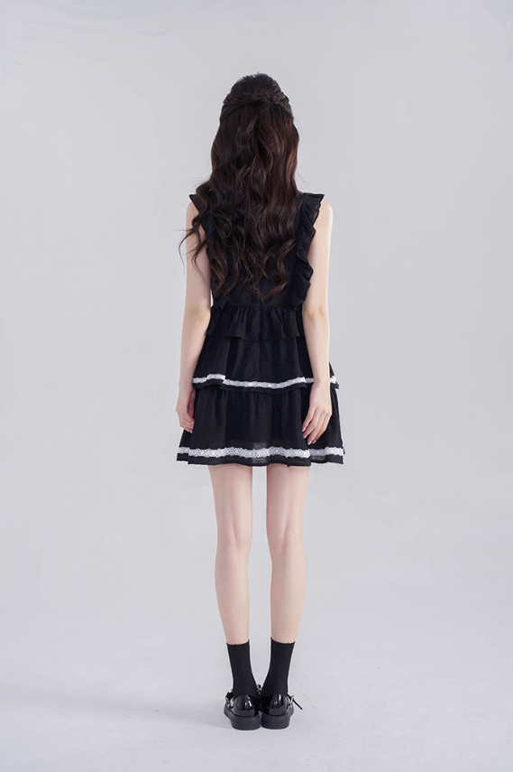 Black V-neck dress women's summer high waist princess skirt new design niche A-line short skirt R4465