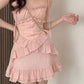 Light pink suspenders waist slim fit short skirt homecoming dress R4015