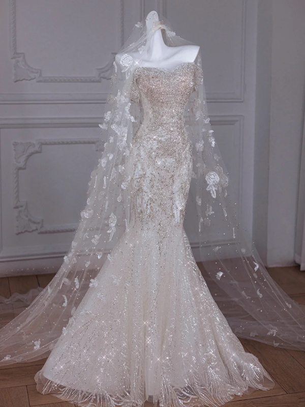 White tube top diamond waist slim hip fishtail long dress bridal gown R5844