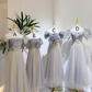 Gray waist-cinched, slim-fit ball gown with a light yellow lining, bridesmaid dress R5963