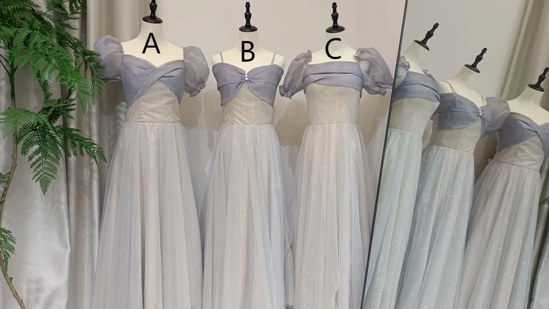 Gray blue slim waist light yellow lining skirt elegant ball gown, bridesmaid dress R6001