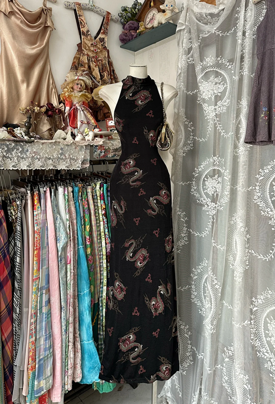 Black Chinese cheongsam print retro waist slim hip long skirt ball gown R6203