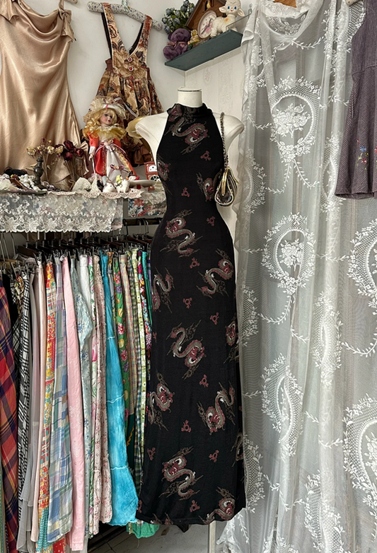 Black Chinese cheongsam print retro waist slim hip long skirt ball gown R6203