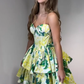 Yellow-green floral tube-top waisted A-line mini skirt homecoming dress R5570