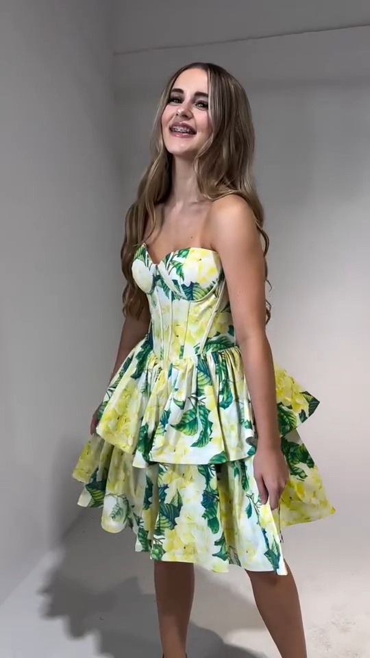 Yellow-green floral tube-top waisted A-line mini skirt homecoming dress R5570
