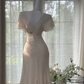 Ivory white V-neck fitted waist mid-length ball gown R7637