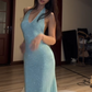 Light Blue Halter Neck Waist-Cinched Fitted Floor-Length Prom Dress R7121