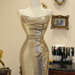 Gold sequined halter-neck fitted bodycon long ball gown R7194