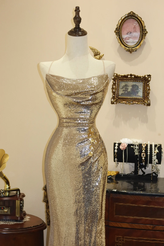Gold sequined halter-neck fitted bodycon long ball gown R7194