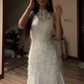 White sleeveless fitted long ball gown with Chinese-style collar R7599