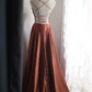 Brownish-red spaghetti-strap waist-cinching backless sexy long elegant prom dress R7948