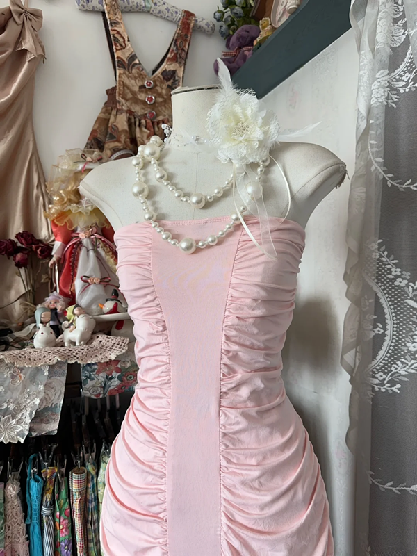 Pink strapless, fitted, pleated, bodycon fishtail gown, ball gown R6322