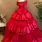 Red Off-the-shoulder Waist-Cinched Puff Tiered Skirt Ball Gown & Bridal Gown R7395