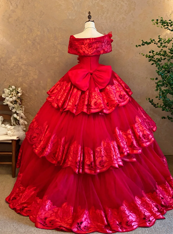 Red Off-the-shoulder Waist-Cinched Puff Tiered Skirt Ball Gown & Bridal Gown R7395