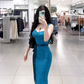 Blue halter-neck, fitted waist, elegant and sexy long ball gown R7908