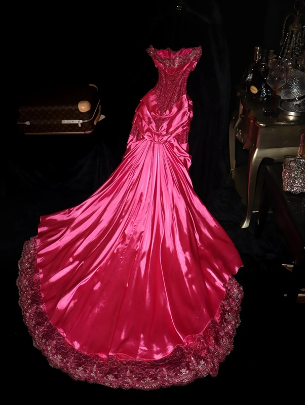 Rose pink strapless sequined sexy fitted long ball gown R7001