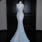 Light blue V-neck diamond waist slim fit hip fishtail elegant long skirt, prom dress R5651