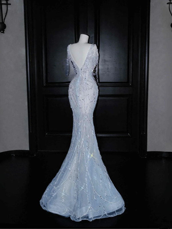 Light blue V-neck diamond waist slim fit hip fishtail elegant long skirt, prom dress R5651