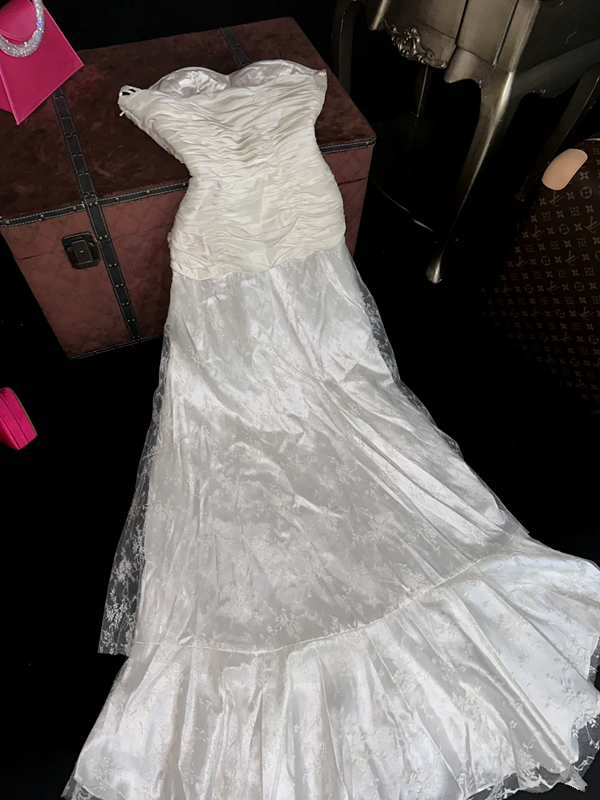 White strapless, fitted, long ball gown with pleats R7040